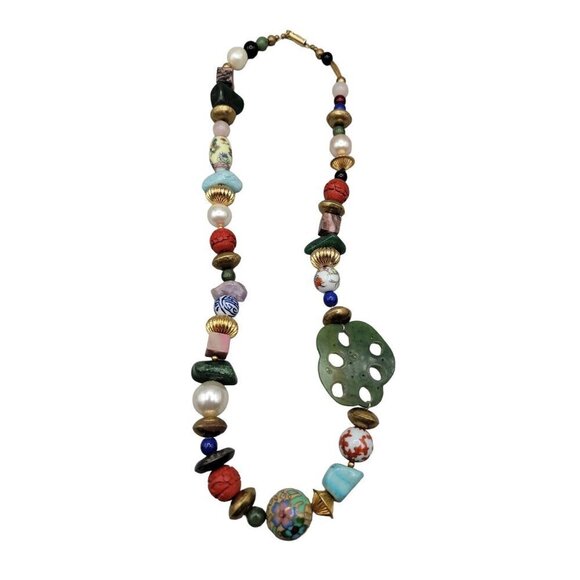 Art Statement Necklace Retro Beaded Multi Media Beads & Shaped Gemstone 25" - Picture 1 of 14